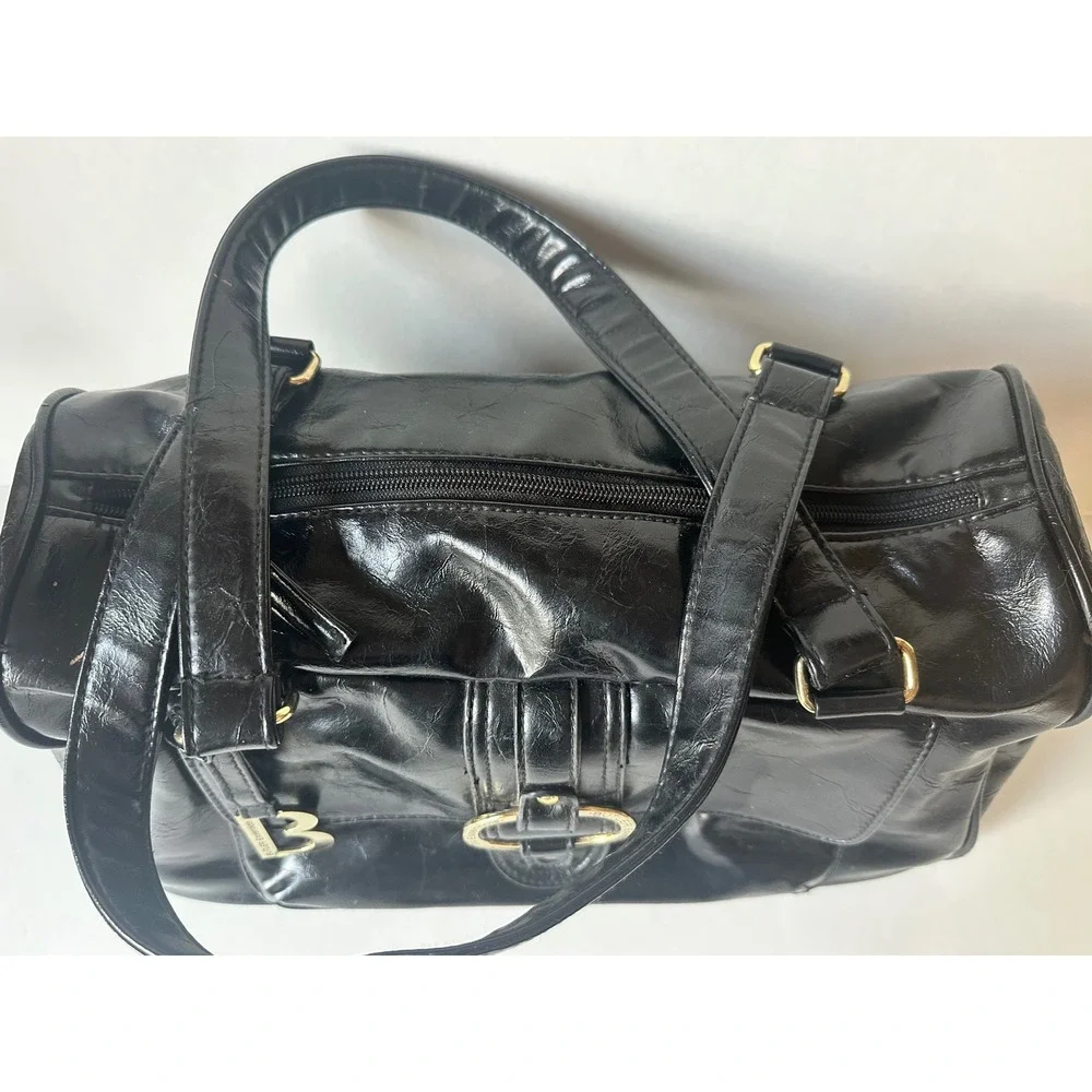 Butler Essentials Black Faux Leather Satchel Handbag Gold Tone Hardware Charm